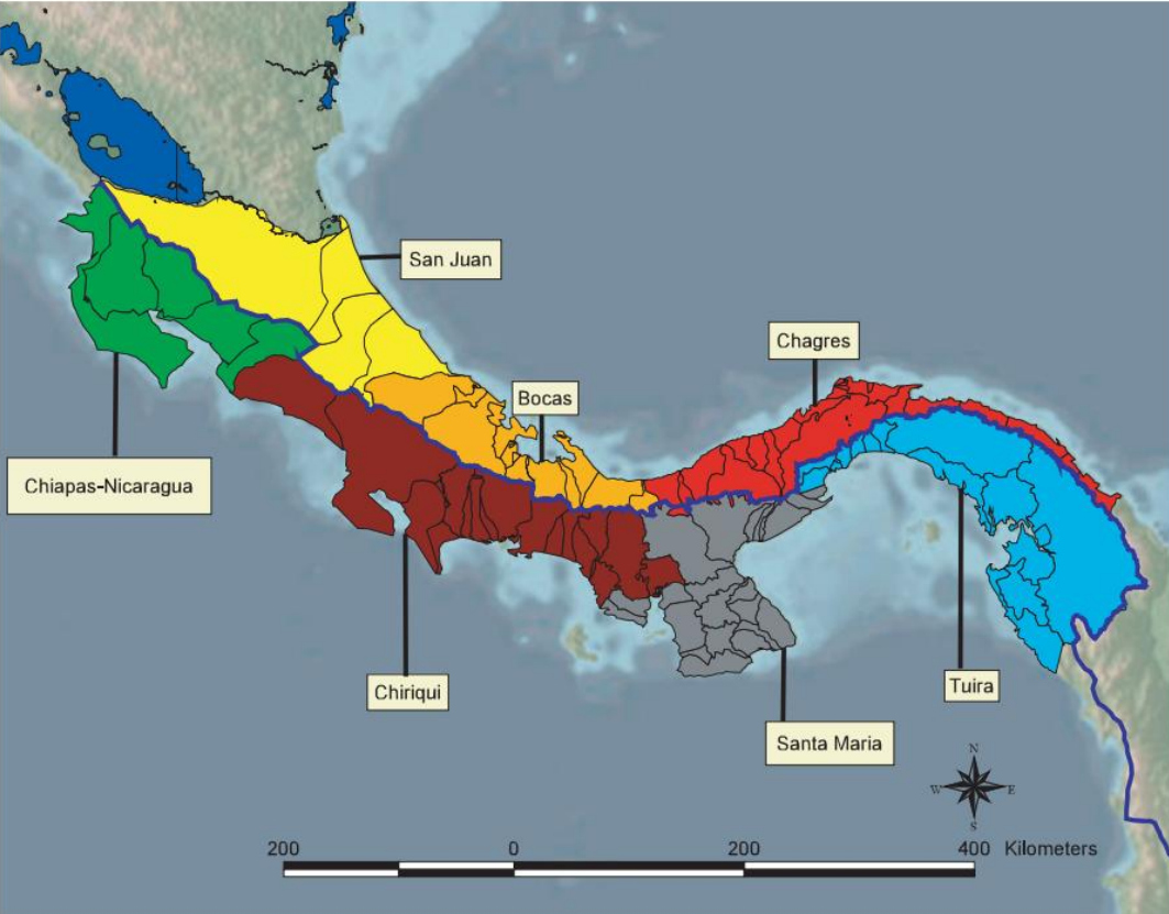 Carte des régions de l'Amérique Centrale.