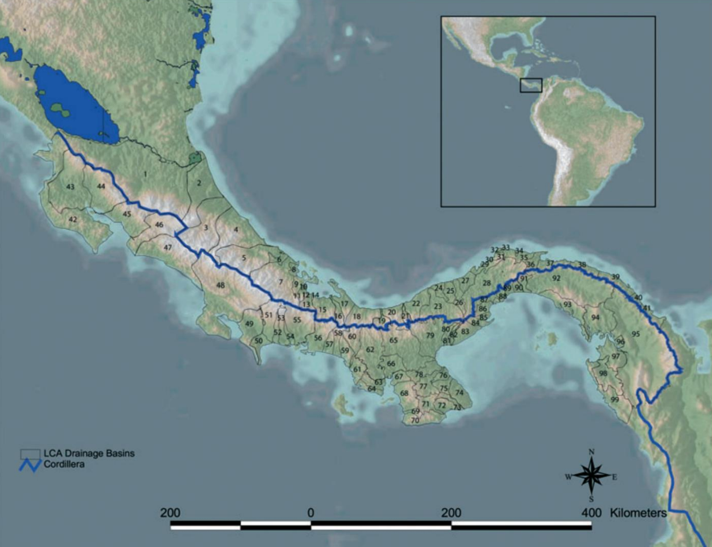 Carte fluviale de l'Amérique Centrale.