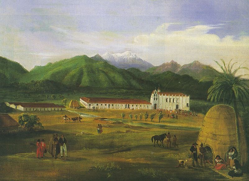 Peinture de Ferdinand DEPPE : La Mission de SAN GABRIEL , ALTA CALIFORNIA en mai 1832
